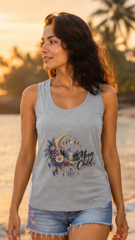 Zingleberry Moon Child grey women’s cotton tank top with crescent moon floral celestial graphic front view