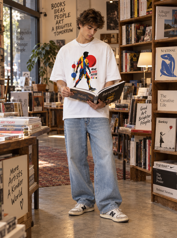 Man wearing Zingleberry Move Create Inspire white oversized T-shirt with relaxed light-wash jeans in an art bookstore.