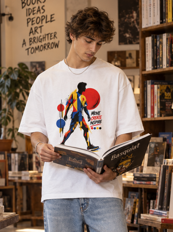 Man wearing Zingleberry Move Create Inspire white oversized T-shirt with relaxed light-wash jeans in an art bookstore.