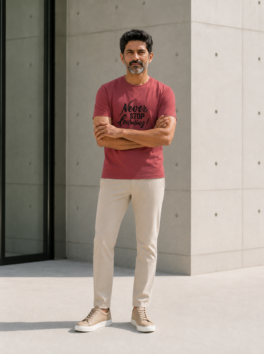 Male model wearing Zingleberry Never Stop Learning red pure cotton graphic T-shirt with beige trousers and casual sneakers.