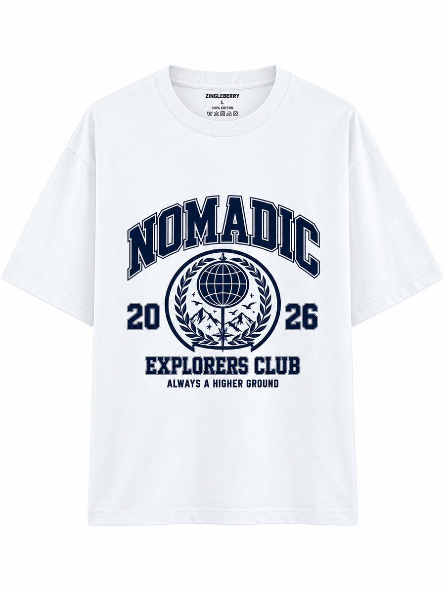 Zingleberry Nomadic Explorers Club white unisex oversized T-shirt with navy blue globe, mountain and collegiate graphic.