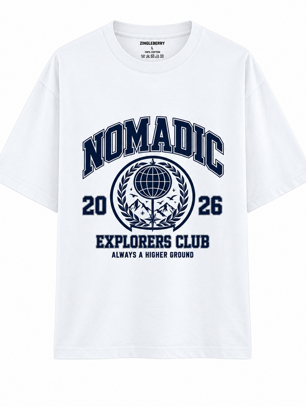 Zingleberry Nomadic Explorers Club white unisex oversized T-shirt with navy blue globe, mountain and collegiate graphic.