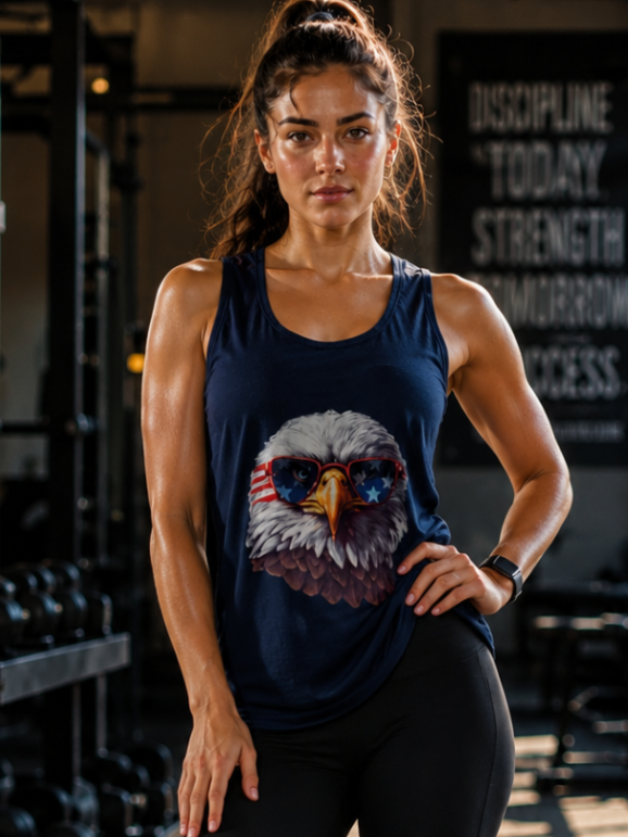 Female fitness model wearing Zingleberry navy blue patriotic eagle graphic tank top with black leggings in a modern gym.