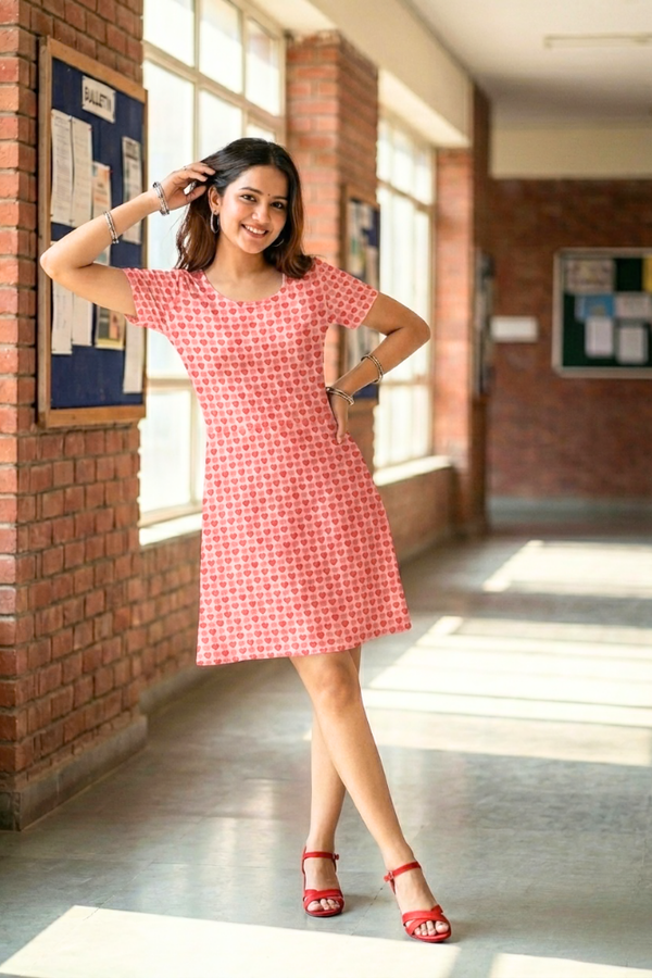 Zingleberry premium pink heart print A-line dress for women styled with red heels, Valentine fashion look