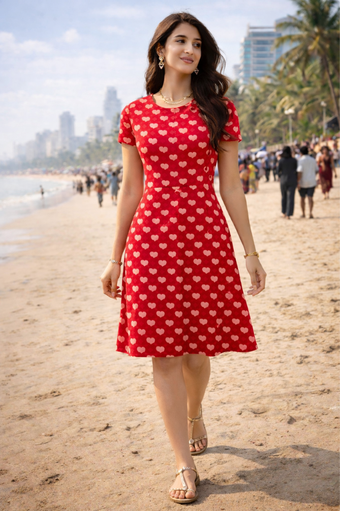 Indian fashion model wearing Zingleberry’s Premium AOP A-Line midi dress, Valentine special collection, walking stylishly on Juhu Chaupati beach in natural daylight.