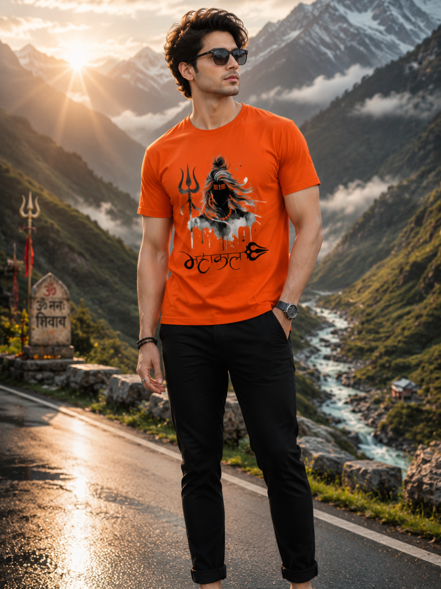 Zingleberry Premium Mahakal orange cotton T-shirt featuring a stylish Shiva graphic, worn by a barefoot male model on a scenic Himalayan mountain road with snow-capped peaks and a misty valley.