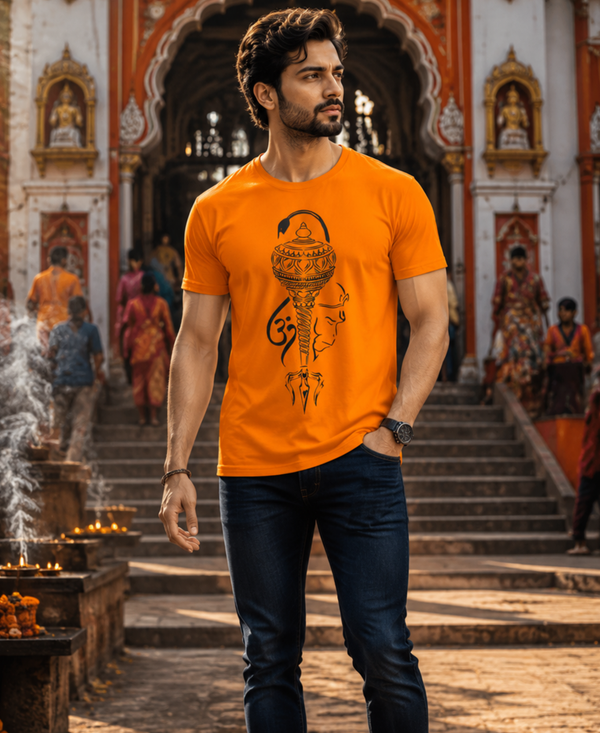 Zingleberry Premium Om Trishul Damru Shiva orange cotton T-shirt worn by a stylish male model at the Hanuman Garhi temple entrance in Ayodhya with a spiritual devotional backdrop.