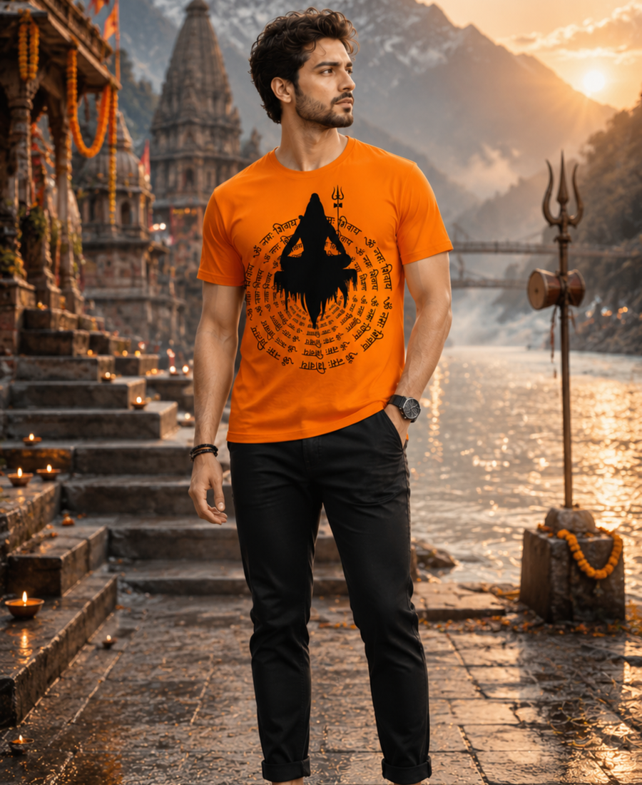 Zingleberry Premium Shiva Meditation Mantra orange cotton T-shirt worn by a stylish barefoot male model at a Himalayan riverside temple ghat during golden hour.