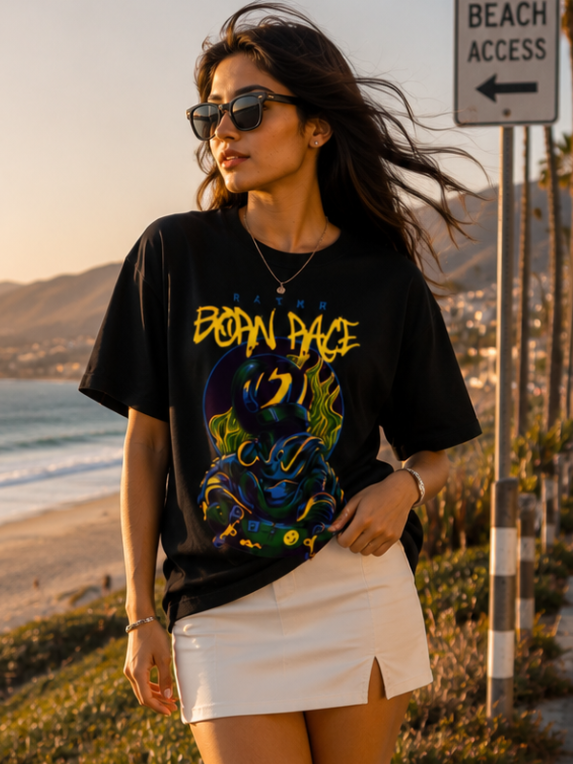 Female model wearing Zingleberry Premium Unisex Classic Crew Born Rage black graphic T-shirt styled with a white skirt in a beachside fashion photoshoot.