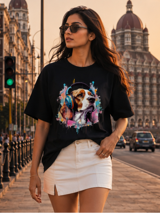 Female model wearing Zingleberry Premium Unisex Classic Crew Music Dog black graphic T-shirt with a white skirt in a premium lifestyle streetwear photoshoot.