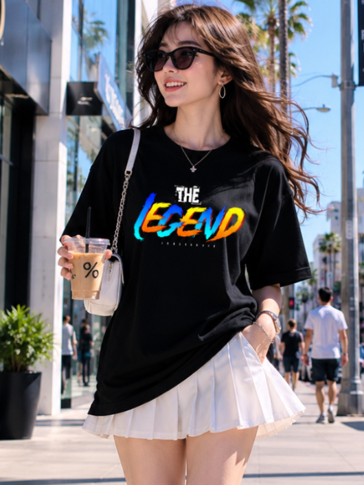 Female model wearing Zingleberry Premium Unisex Classic Crew The Legend black graphic T-shirt paired with a white pleated skirt in a modern city street fashion photoshoot.