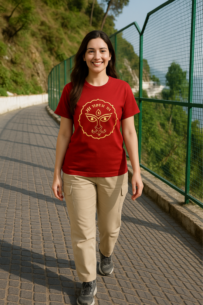 Zingleberry Premium Unisex Durga Maa T-shirt in red cotton with golden goddess face graphic and Maa Durga text, modeled outdoors in casual style