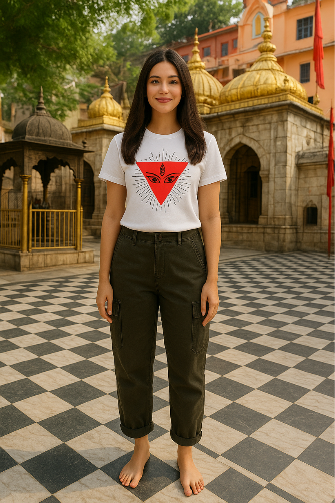 Zingleberry Premium Unisex Durga Maa T-shirt in white cotton with red spiritual triangle and goddess eyes graphic, worn outdoors at temple setting