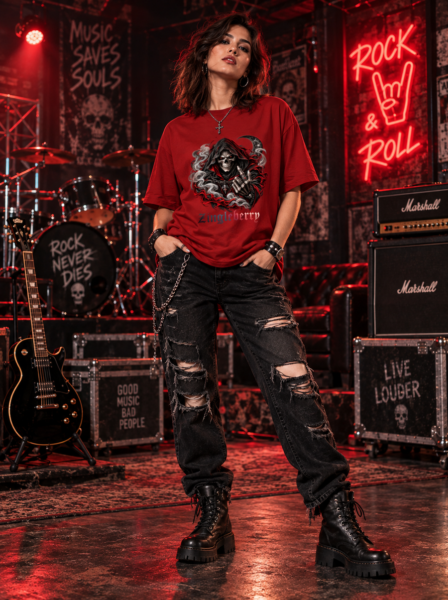 Female model wearing Zingleberry Reaper Rock red oversized cotton T-shirt with distressed black jeans and combat boots in rock music setting.