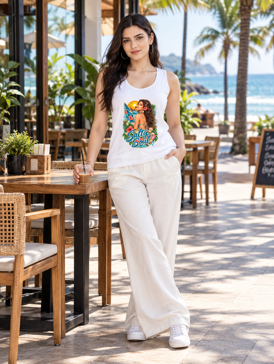 Zingleberry Salty Soul women’s white cotton tank top with tropical beach graphic front view