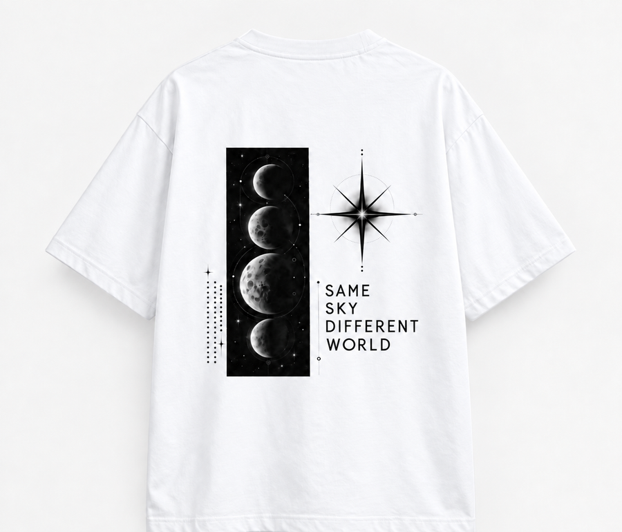 Zingleberry Same Sky Different World white unisex oversized T-shirt with A4 celestial moon graphic back print.