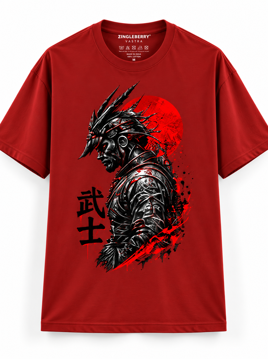 Zingleberry Shadow Samurai red unisex oversized Gothic T-shirt featuring black silver and crimson Japanese warrior artwork.