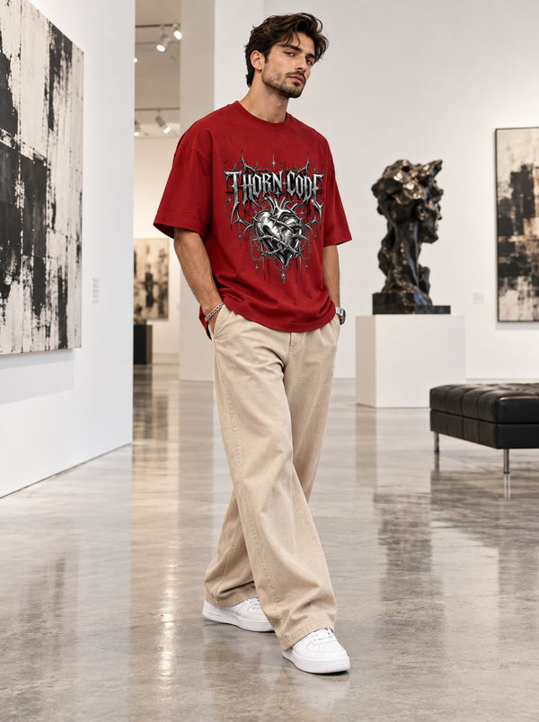 Male model wearing Zingleberry Thornlove red unisex oversized Gothic T-shirt with cream relaxed trousers and white sneakers.