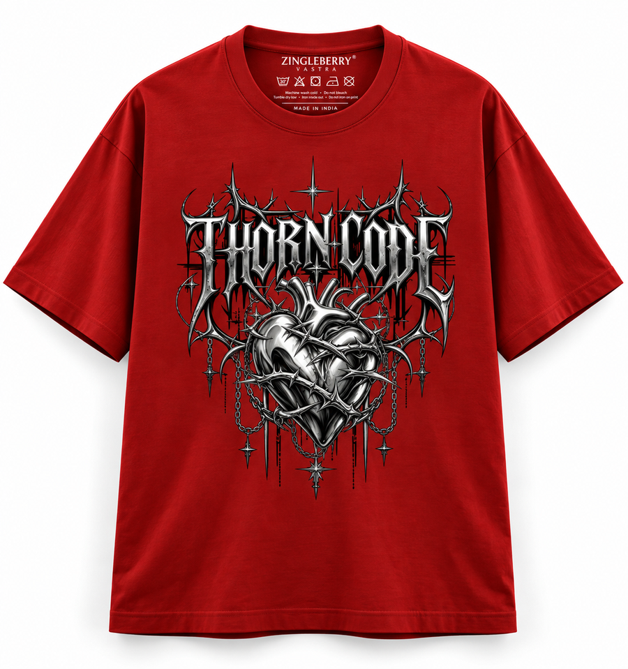 Zingleberry Thornlove crimson red unisex oversized Gothic T-shirt with metallic anatomical heart, thorns and chain artwork.