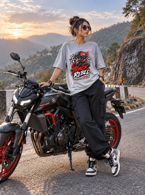 Female model wearing Zingleberry Track Rebel grey oversized racing graphic T-shirt with black cargo pants beside a motorcycle on a mountain road.