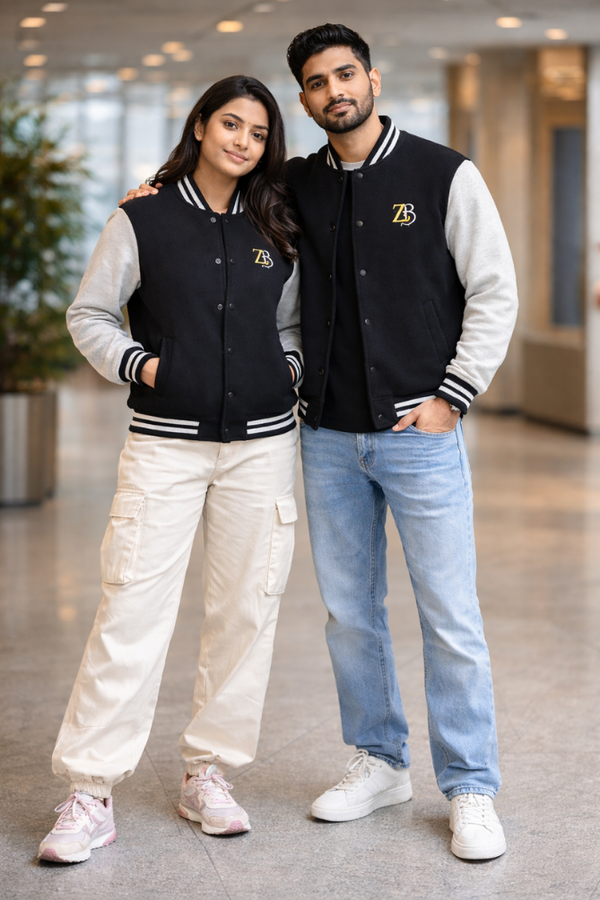 A man and woman wearing matching Zingleberry premium black and off-white varsity jackets, highlighting the versatile unisex fit for high-end streetwear.