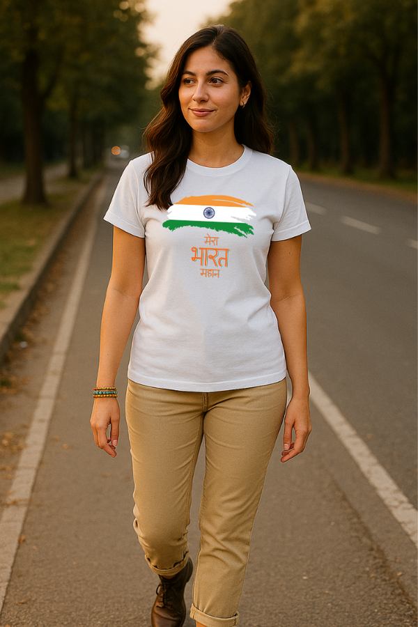 Woman wearing Zingleberry unisex white crew neck T-shirt with "Mera Bharat Mahan" design and Indian flag print, made from premium cotton.