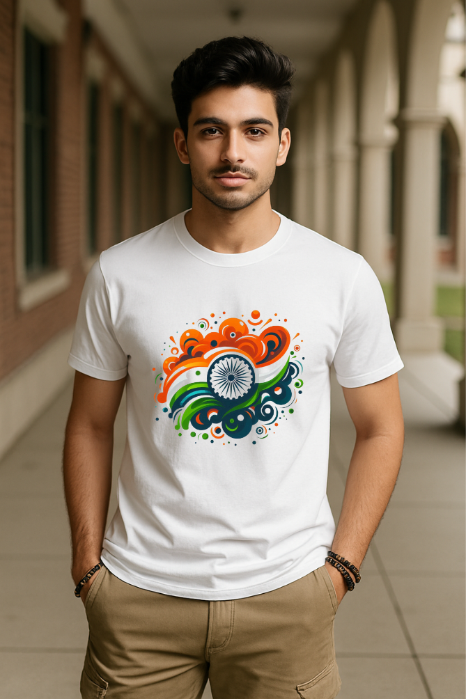 Model wearing Zingleberry unisex classic crew neck white T-shirt with vibrant patriotic India flag design in premium cotton.