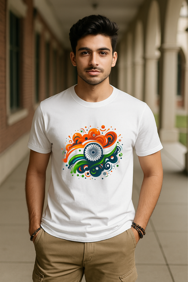 Model wearing Zingleberry unisex classic crew neck white T-shirt with vibrant patriotic India flag design in premium cotton.