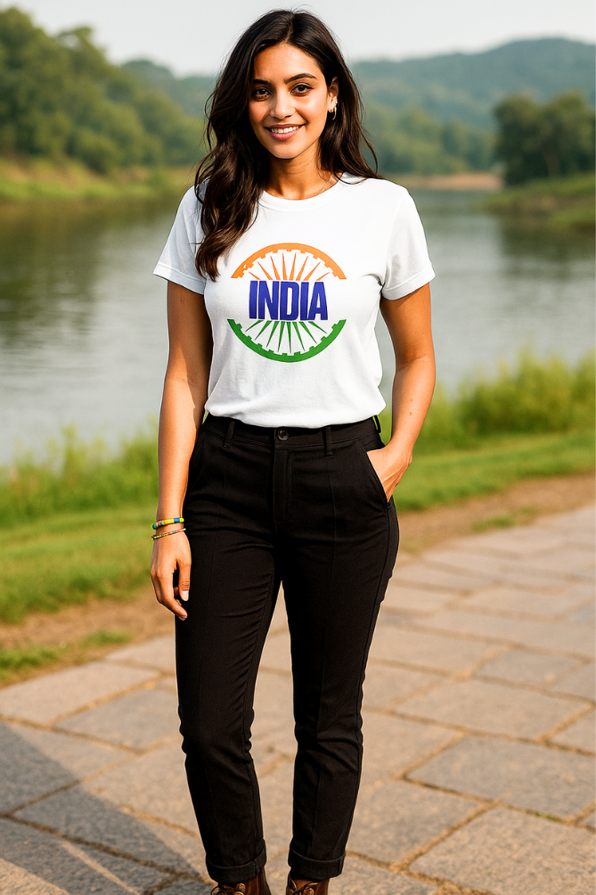 Woman wearing Zingleberry unisex classic crew patriotic T-shirt with India flag graphic, 100% cotton round neck design.