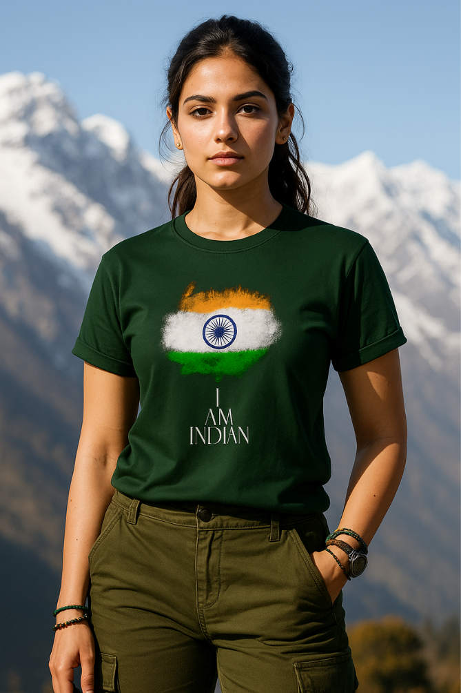 Indian female wearing Zingleberry unisex patriotic T-shirt with Indian flag print and “I Am Indian” quote – premium cotton crew neck for Independence Day
