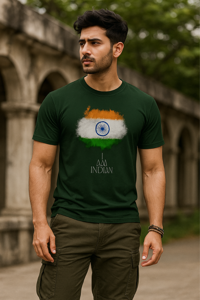 Indian man wearing Zingleberry unisex patriotic T-shirt with Indian flag print and “I Am Indian” quote – premium cotton crew neck for Independence Day
