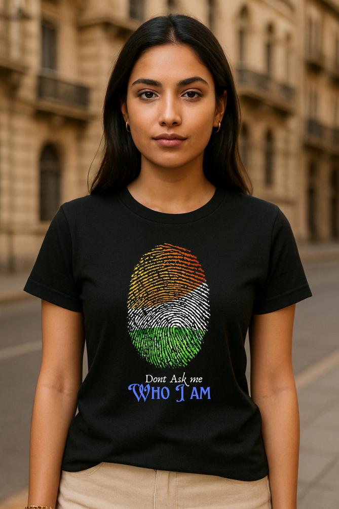 Indian female model wearing Zingleberry's black patriotic T-shirt with tricolor fingerprint and “Don’t Ask Me Who I Am” quote, crew neck cotton tee