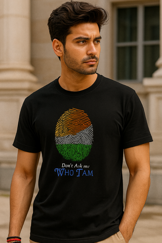 Indian male model wearing Zingleberry's black patriotic T-shirt with tricolor fingerprint and “Don’t Ask Me Who I Am” quote, crew neck cotton tee