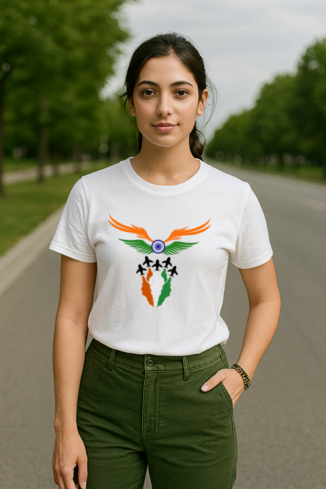 Female model wearing Zingleberry unisex classic crew neck premium cotton T-shirt with patriotic Indian flag-inspired design and fighter jet graphics.
