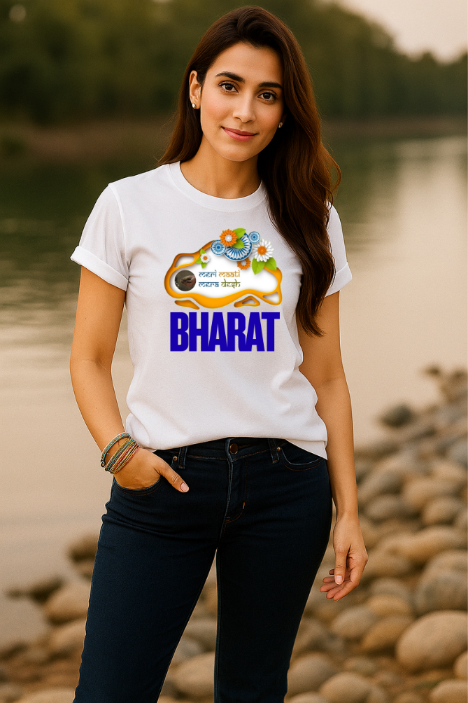 A Woman wearing Zingleberry unisex white classic crew neck T-shirt with "Meri Mati Mera Desh" patriotic design and bold Bharat text.