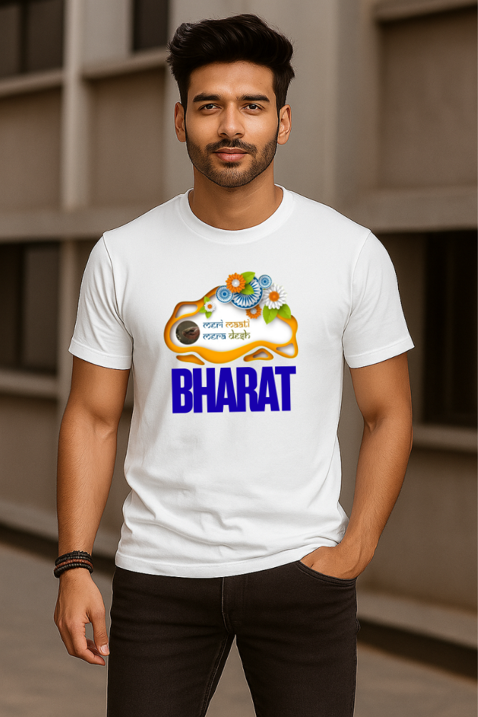 A Man wearing Zingleberry unisex white classic crew neck T-shirt with "Meri Mati Mera Desh" patriotic design and bold Bharat text.