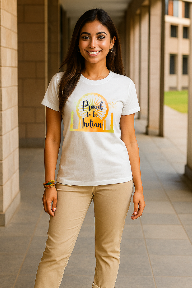 Zingleberry unisex classic crew neck premium cotton T-shirt with “Proud to Be Indian” patriotic design, worn by smiling woman outdoors.