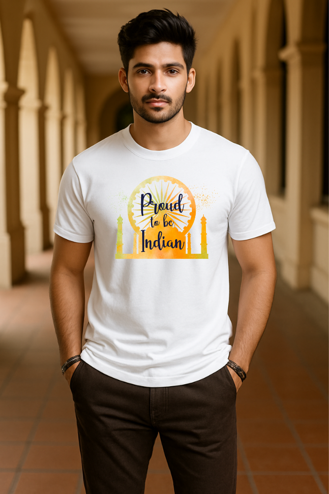 Zingleberry unisex classic crew neck premium cotton T-shirt with “Proud to Be Indian” patriotic design, worn by smiling man outdoors.