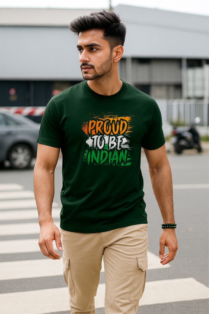 Indian male model wearing Zingleberry’s unisex patriotic T-shirt with “Proud To Be Indian” slogan, styled with beige cargo pants and bracelets