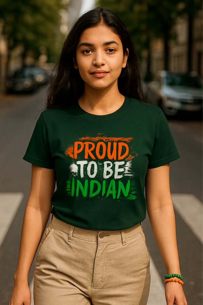 Indian female model wearing Zingleberry’s unisex patriotic T-shirt with “Proud To Be Indian” slogan, styled with beige cargo pants and bracelets