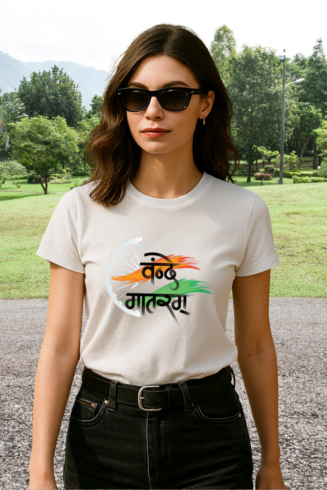 Indian patriotic T-shirt with "Vande Mataram" tricolor design worn by female model in natural outdoor setting, crew neck white tee from Zingleberry