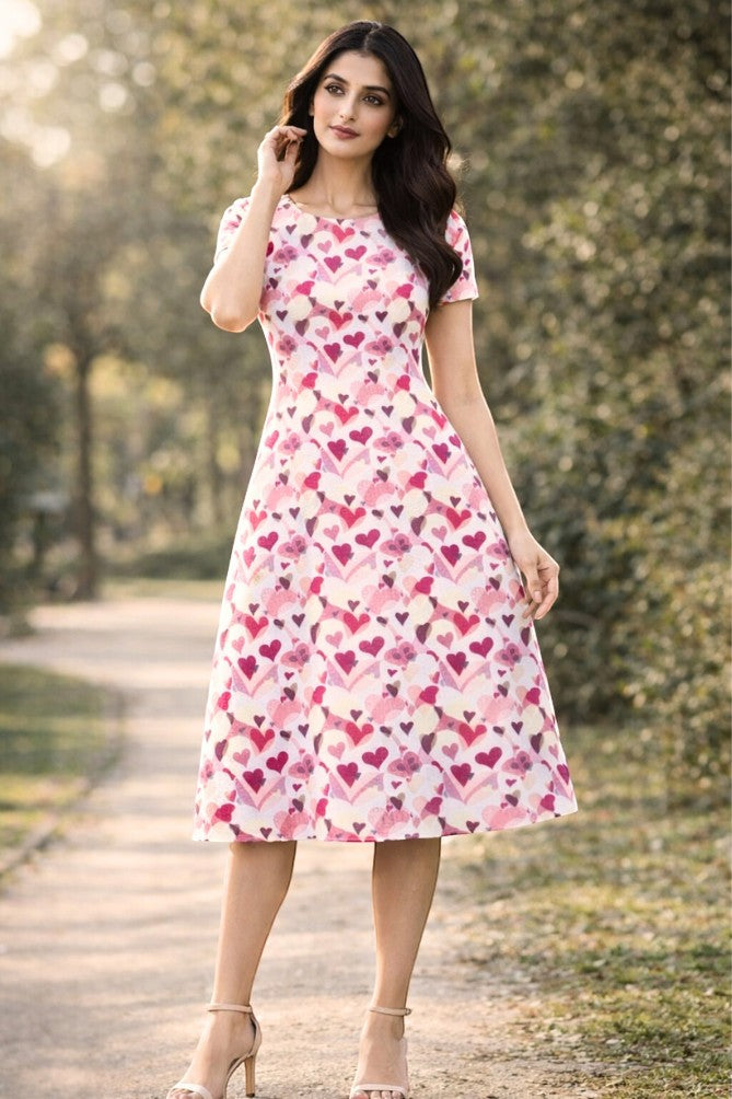 Zingleberry Vastra pink, fuchsia, and white heart print fit and flare midi dress with short sleeves and round neckline.