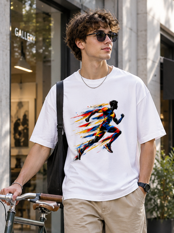 Man wearing Zingleberry Velocity Runner Abstract Art white oversized T-shirt with beige relaxed trousers and white sneakers.