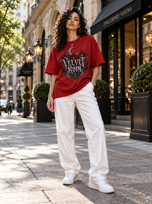 Female model wearing Zingleberry Velvet Ruin red oversized Gothic T-shirt with white wide-leg trousers and white sneakers.