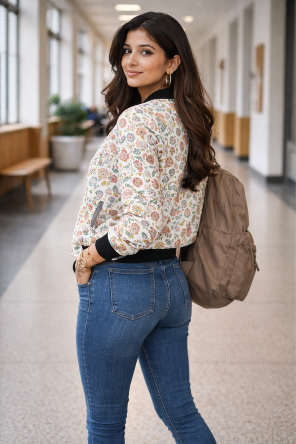 Back view of Zingleberry women’s floral AOP bomber jacket, premium printed bomber jacket for women with ribbed hem and cuffs