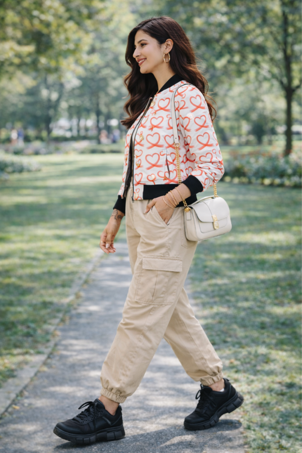 Side view of Zingleberry women’s white bomber jacket featuring red heart all-over print, ribbed cuffs and hem, premium winter streetwear