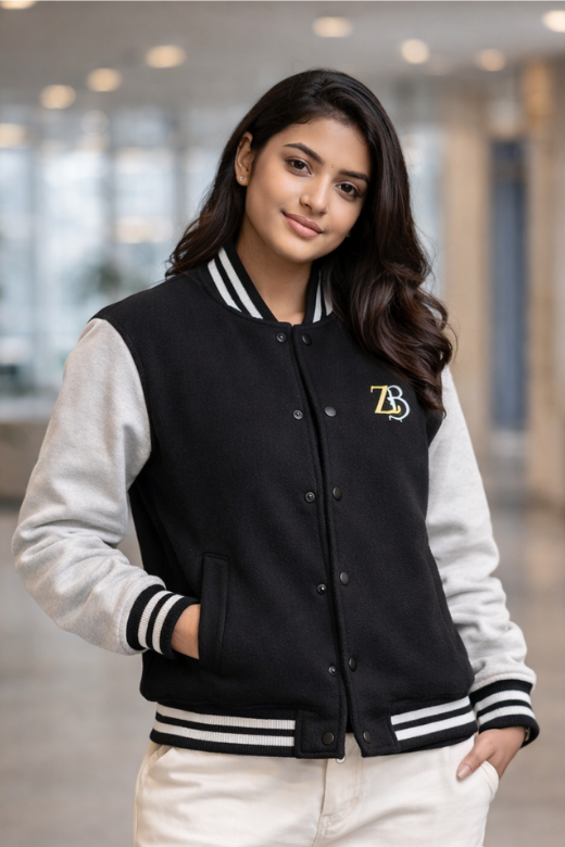 A woman modeling the Zingleberry black varsity jacket with off-white sleeves, paired with white cargo pants for a modern urban fashion look.