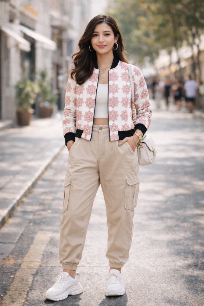 Zingleberry premium women’s AOP bomber jacket with geometric floral tile print in white, front view casual streetwear look