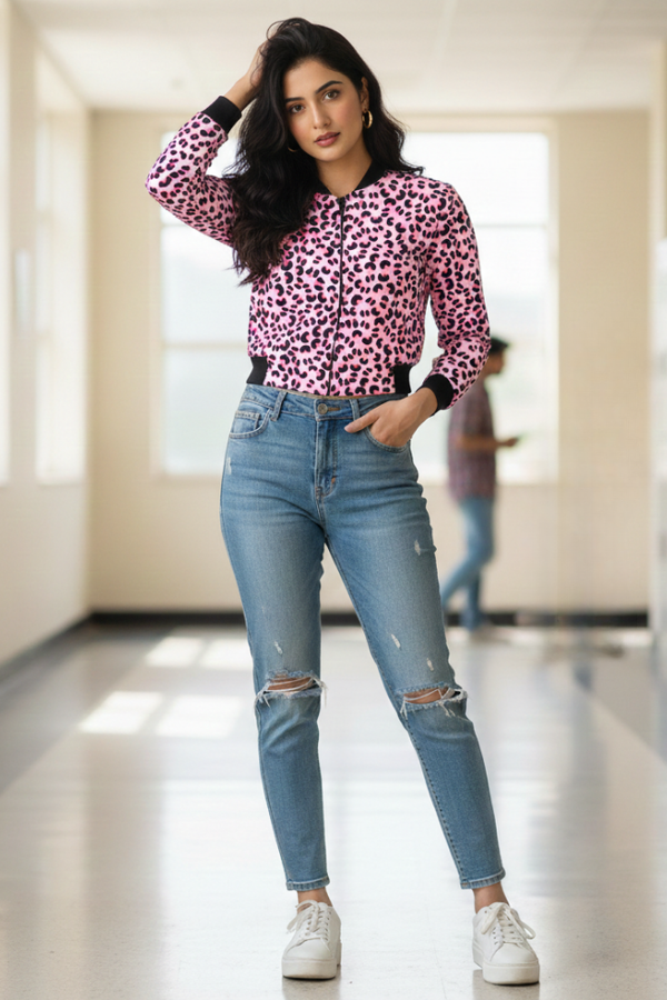 Model wearing Zingleberry Premium Women’s AOP Bomber Jacket in pink jaguar print, featuring ribbed cuffs, YKK zipper, and premium fleece fabric for stylish winter wear.