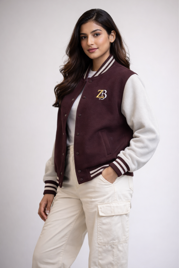 Zingleberry premium varsity jacket for women in maroon and off-white, unisex cotton varsity jacket street style